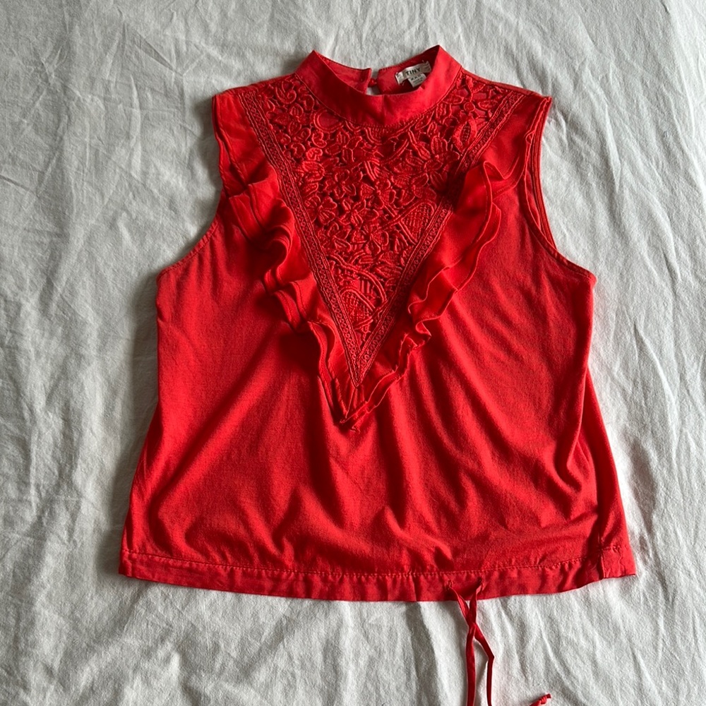 Anthropologie Red Ruffled Tie Front Blouse